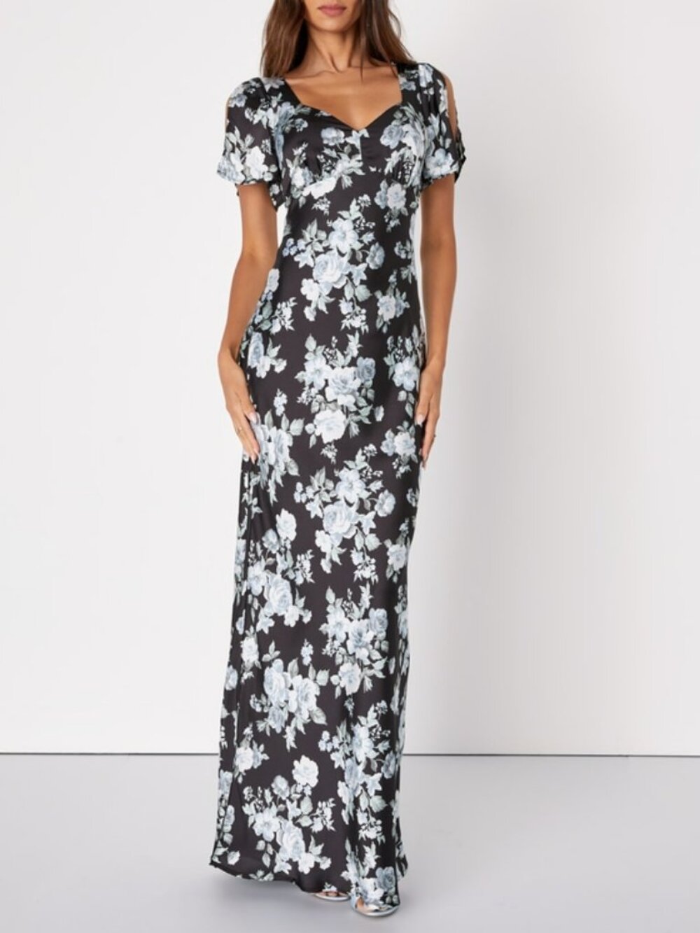 Black and White Floral Satin Flutter Sleeve Maxi Dress